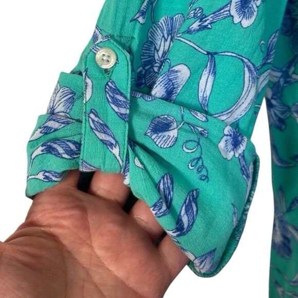Lands End Women’s Button Cover Up Shirt Dress Roll Tab Sleeve Teal Floral M - Picture 5 of 9